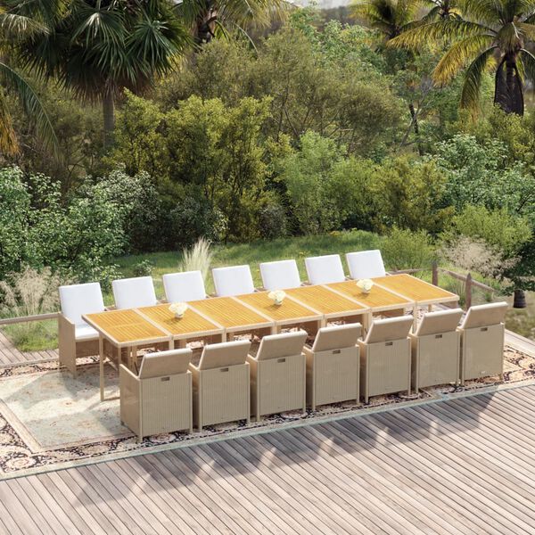 vidaXL 15-tlg. Garten-Essgruppe mit Kissen Beige Poly Rattan