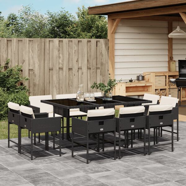 vidaXL 11-tlg. Garten-Essgruppe mit Kissen Schwarz Poly Rattan