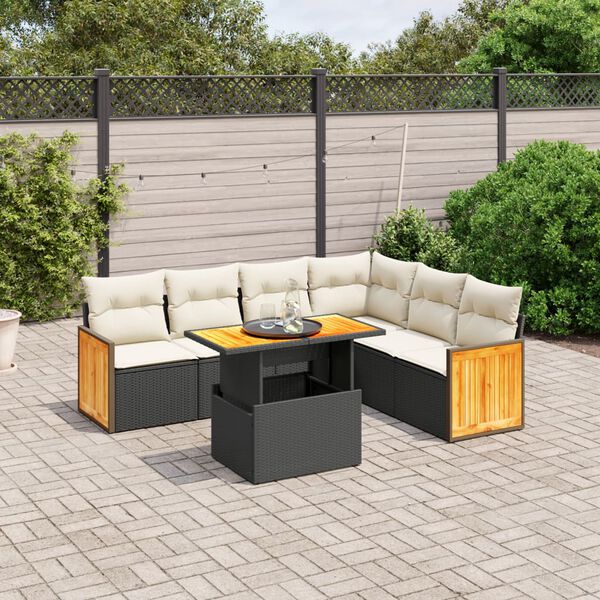 vidaXL 7-tlg. Garten-Sofagarnitur mit Kissen Schwarz Poly Rattan