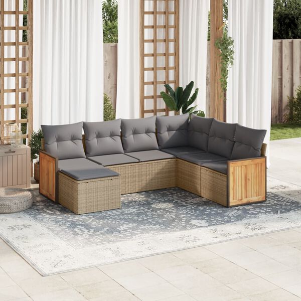 vidaXL 7-tlg. Garten-Sofagarnitur mit Kissen Beige Poly Rattan
