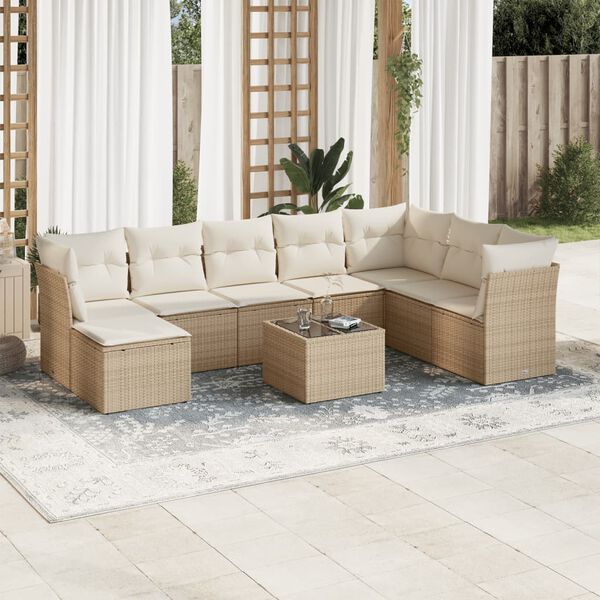 vidaXL 9-tlg. Garten-Sofagarnitur mit Kissen Beige Poly Rattan