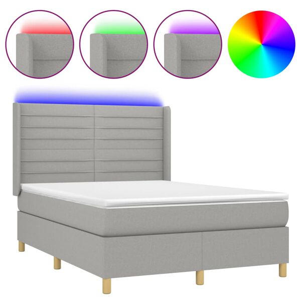 vidaXL Boxspringbett mit Matratze & LED Hellgrau 140x190 cm Stoff