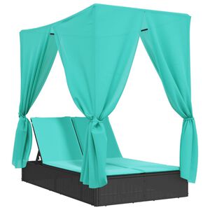 vidaXL Doppel-Sonnenliege mit Dach und Vorh&auml;ngen Schwarz Poly-Rattan