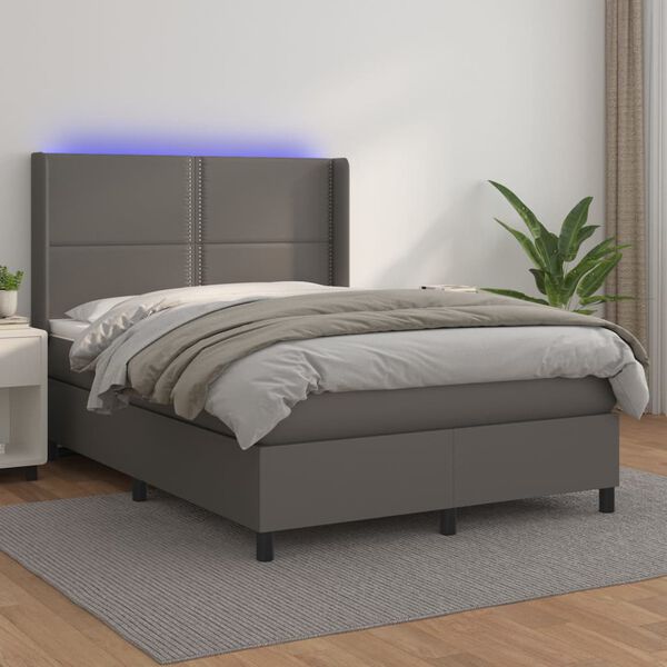 vidaXL Boxspringbett mit Matratze & LED Grau 140x200 cm Kunstleder