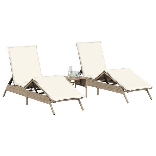 vidaXL Sonnenliegen 2 Stk. mit Tisch Beige Poly Rattan