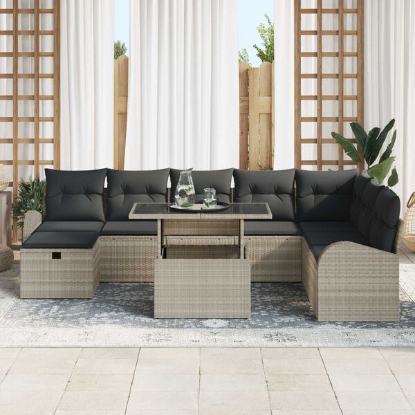 vidaXL Garten-Sofa-Set mit Kissen 9 pcs Hellgrau Poly Rattan