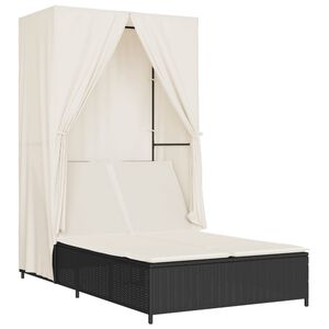 vidaXL Doppel-Sonnenliege mit Dach und Vorh&auml;ngen Schwarz Poly-Rattan