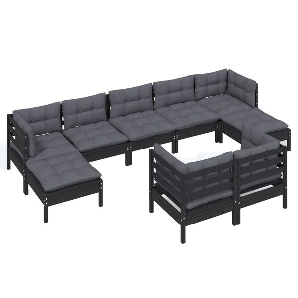 vidaXL 9-tlg. Garten-Lounge-Set mit Kissen Schwarz Kiefer Massivholz
