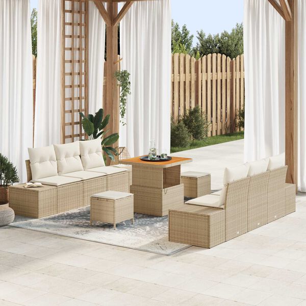 vidaXL Gartensofa-set mit Kissen mit Speicher 9 pcs Beige Poly Rattan