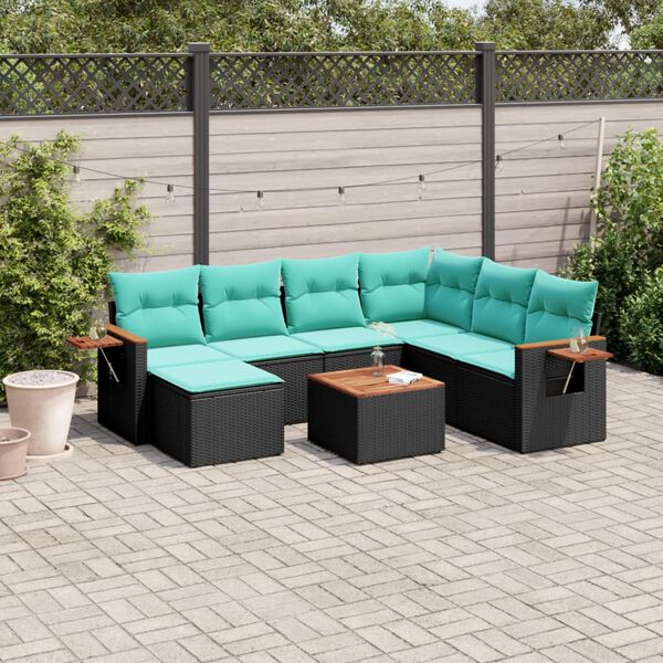 vidaXL 8-tlg. Garten-Sofagarnitur mit Kissen Schwarz Poly Rattan