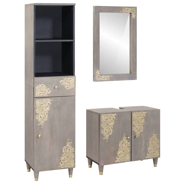 vidaXL Badezimmerschrank-Set Wandmontiert 3 pcs Grau Massivholz Mango
