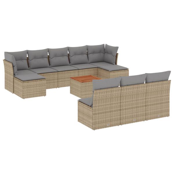 vidaXL 11-tlg. Garten-Sofagarnitur mit Kissen Beige Poly Rattan