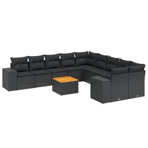 vidaXL 11-tlg. Garten-Sofagarnitur mit Kissen Schwarz Poly Rattan