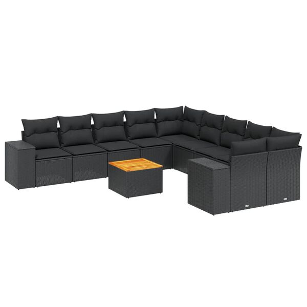 vidaXL 11-tlg. Garten-Sofagarnitur mit Kissen Schwarz Poly Rattan