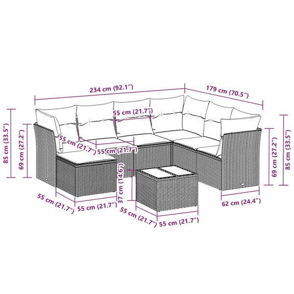 vidaXL 8-tlg. Garten-Sofagarnitur mit Kissen Hellgrau Poly Rattan