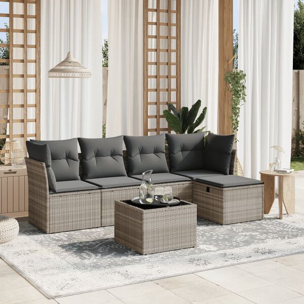 vidaXL 6-tlg. Garten-Sofagarnitur mit Kissen Hellgrau Poly Rattan
