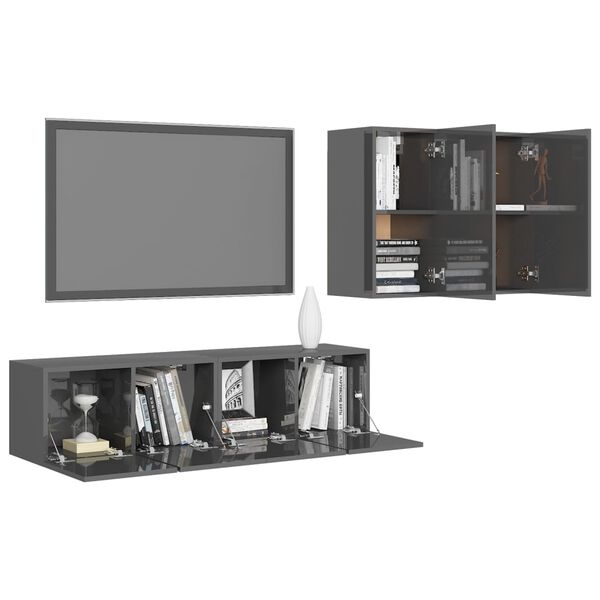 vidaXL 4-tlg. TV-Schrank-Set Hochglanz-Grau Holzwerkstoff
