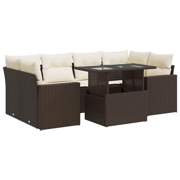 vidaXL 7-tlg. Garten-Sofagarnitur mit Kissen Braun Poly Rattan