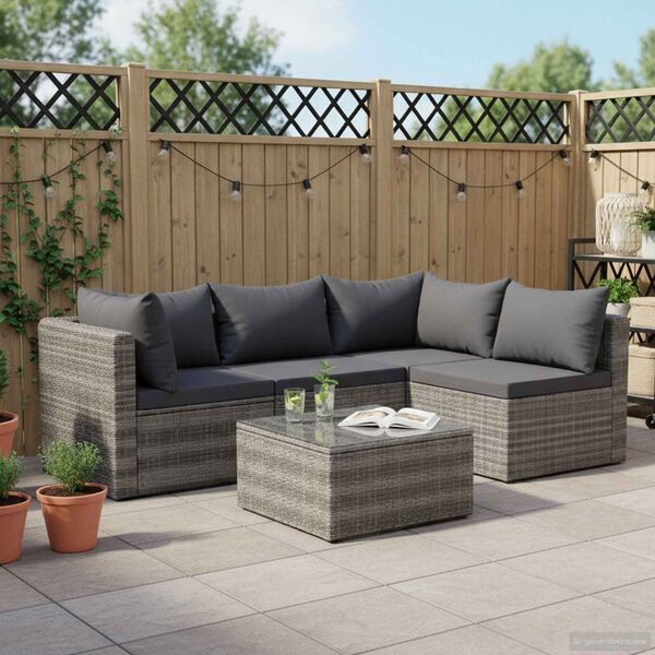 vidaXL 5-tlg. Garten-Sofagarnitur mit Polstern & Kissen Poly Rattan Grau