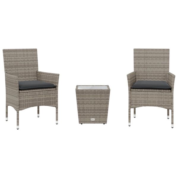 vidaXL 3-tlg. Bistro-Set mit Kissen Grau Poly Rattan und Glas