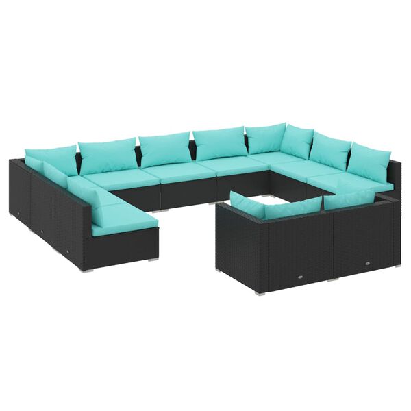 vidaXL 11-tlg. Garten-Lounge-Set mit Kissen Schwarz Poly Rattan