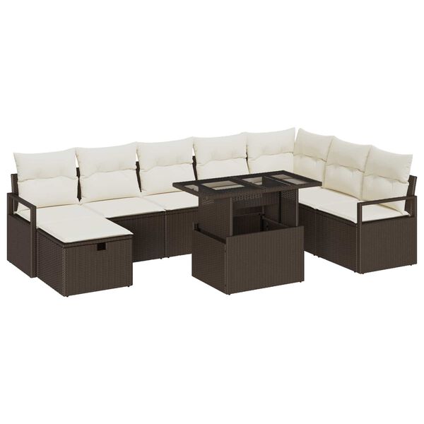 vidaXL Garten-Sofa-Set mit Kissen mit Speicher 9 pcs Braun Poly Rattan