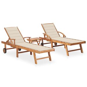 vidaXL Sonnenliegen 2 Stk. mit Tisch und Auflagen Massivholz Teak