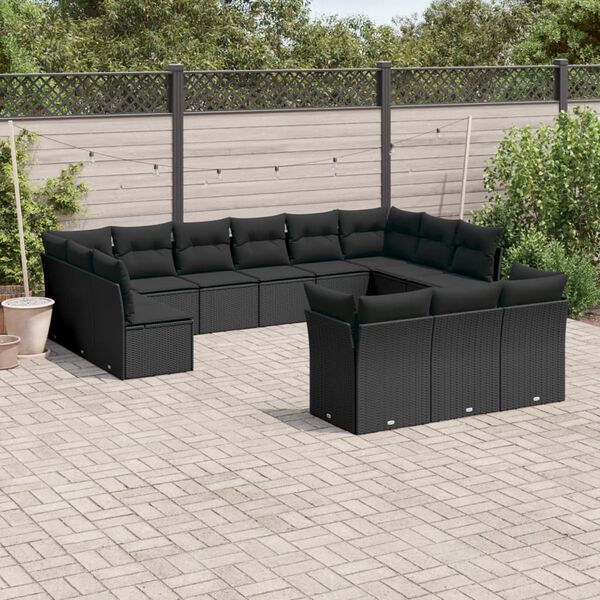 vidaXL 13-tlg. Garten-Sofagarnitur mit Kissen Schwarz Poly Rattan