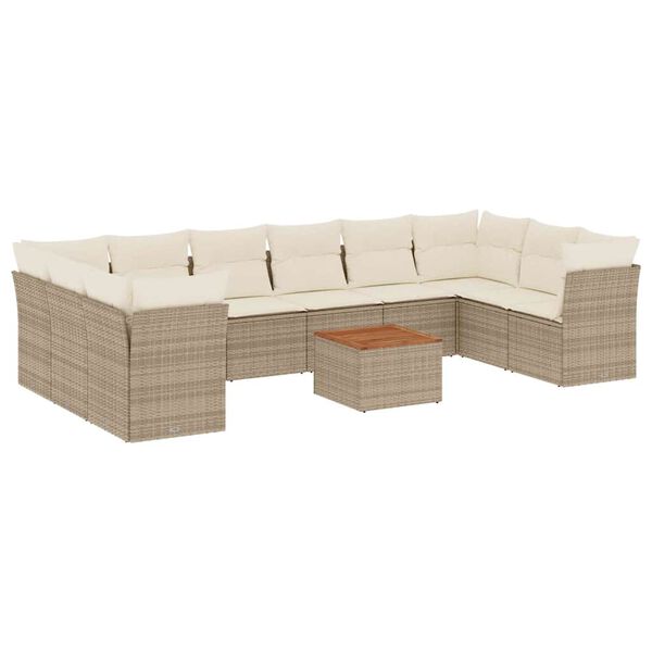 vidaXL 11-tlg. Garten-Sofagarnitur mit Kissen Beige Poly Rattan