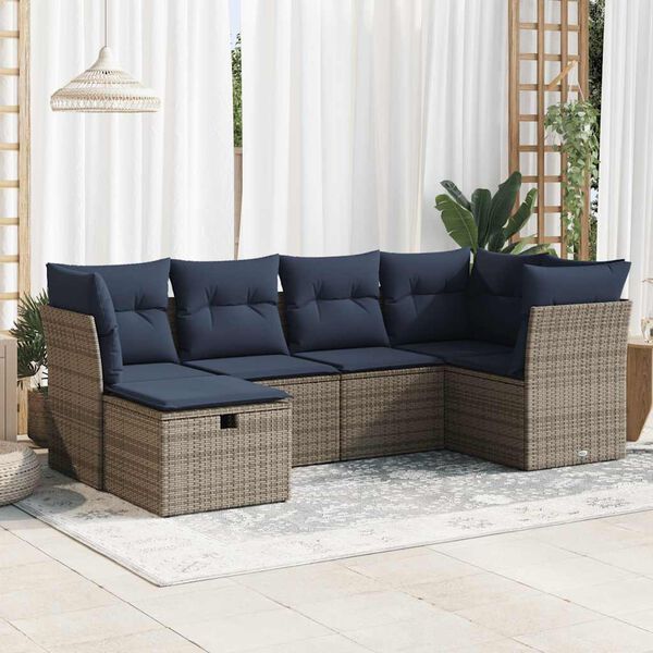 vidaXL 6-tlg. Garten-Sofagarnitur mit Kissen Grau Poly Rattan