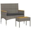 vidaXL Gartenbank 2-Sitzer mit Kissen und Tisch Grau Poly Rattan