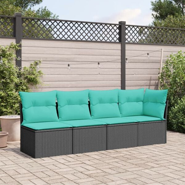 vidaXL Gartensofa mit Kissen 4-Sitzer Schwarz Poly Rattan