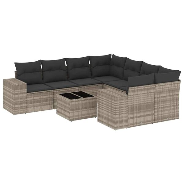 vidaXL 9-tlg. Garten-Sofagarnitur mit Kissen Hellgrau Poly Rattan