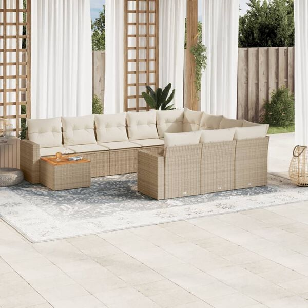 vidaXL 11-tlg. Garten-Sofagarnitur mit Kissen Beige Poly Rattan