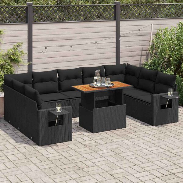 vidaXL 10-tlg. Garten-Sofagarnitur mit Kissen Schwarz Poly Rattan