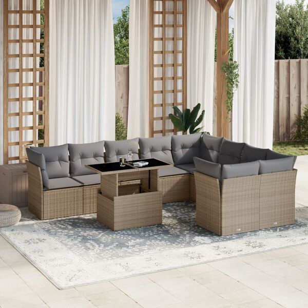 vidaXL 10-tlg. Garten-Sofagarnitur mit Kissen Beige Poly Rattan