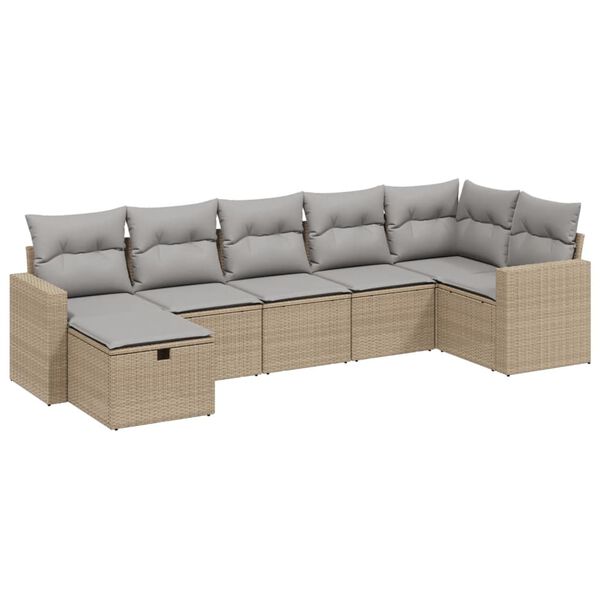 vidaXL 7-tlg. Garten-Sofagarnitur mit Kissen Beige Poly Rattan