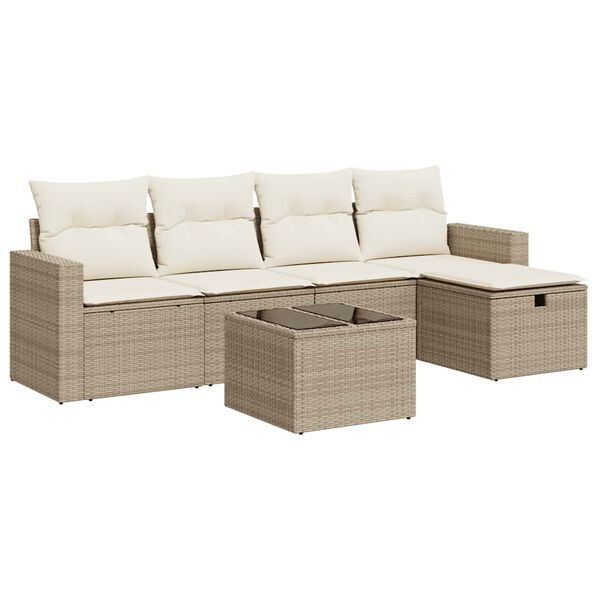 vidaXL 6-tlg. Garten-Sofagarnitur mit Kissen Beige Poly Rattan