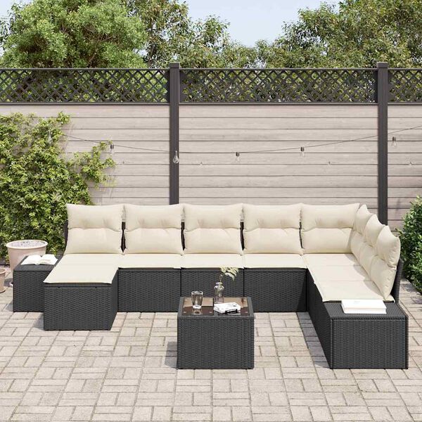vidaXL Garten-Sofa-Set mit Kissen 8 pcs Schwarz und Creme Poly-Rattan