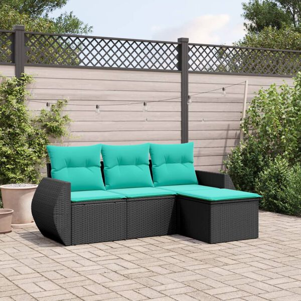 vidaXL 4-teiliges Gartensofa-Set mit Kissen, schwarzes Polyrattan