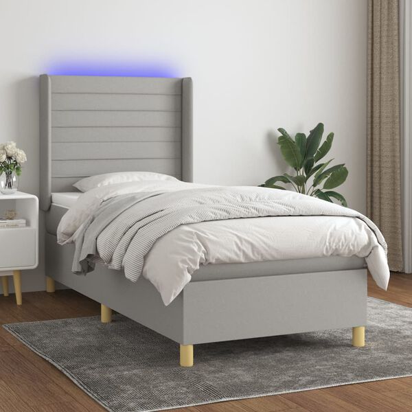 vidaXL Boxspringbett mit Matratze & LED Hellgrau 100x200 cm Stoff