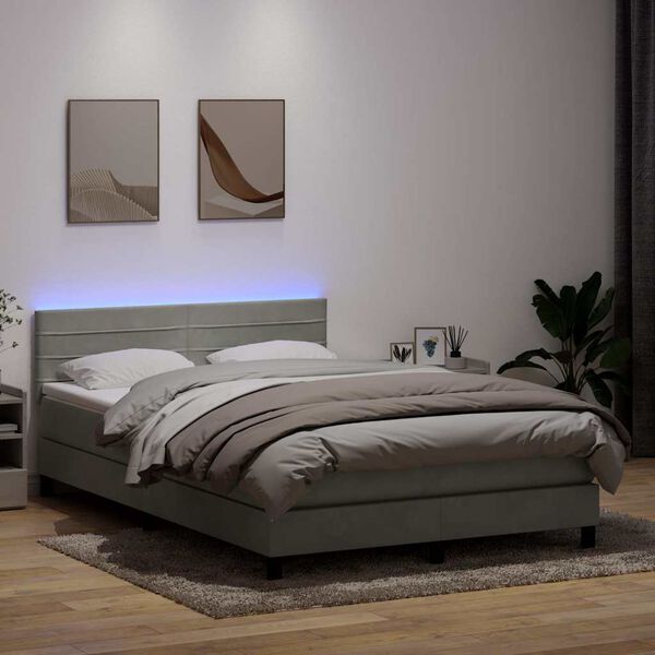 vidaXL Boxspringbett mit Matratze & LED Hellgrau 160x220 cm Samt