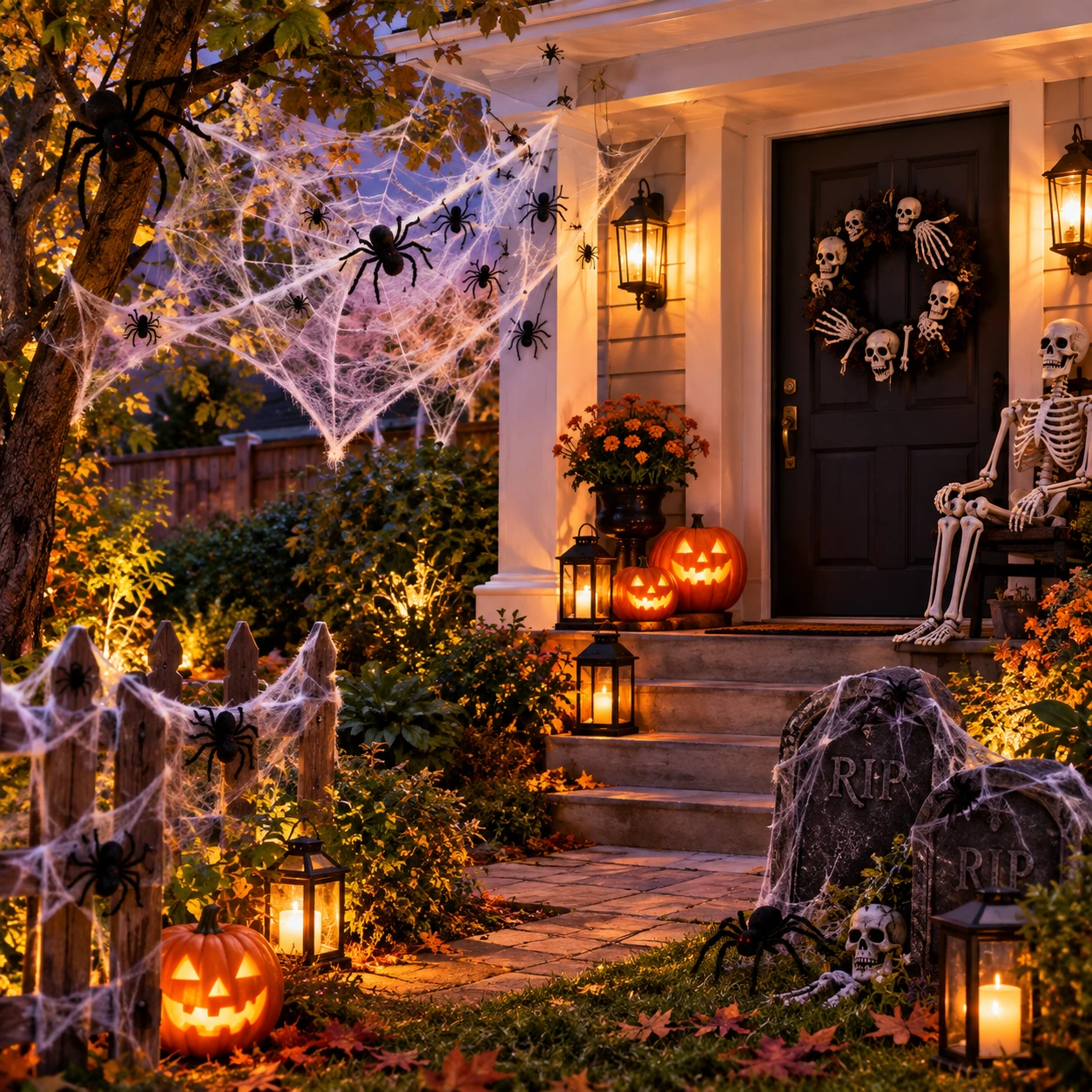 Halloween-Veranda und Garten mit Spinnweben, Spinnen und einem Skelett