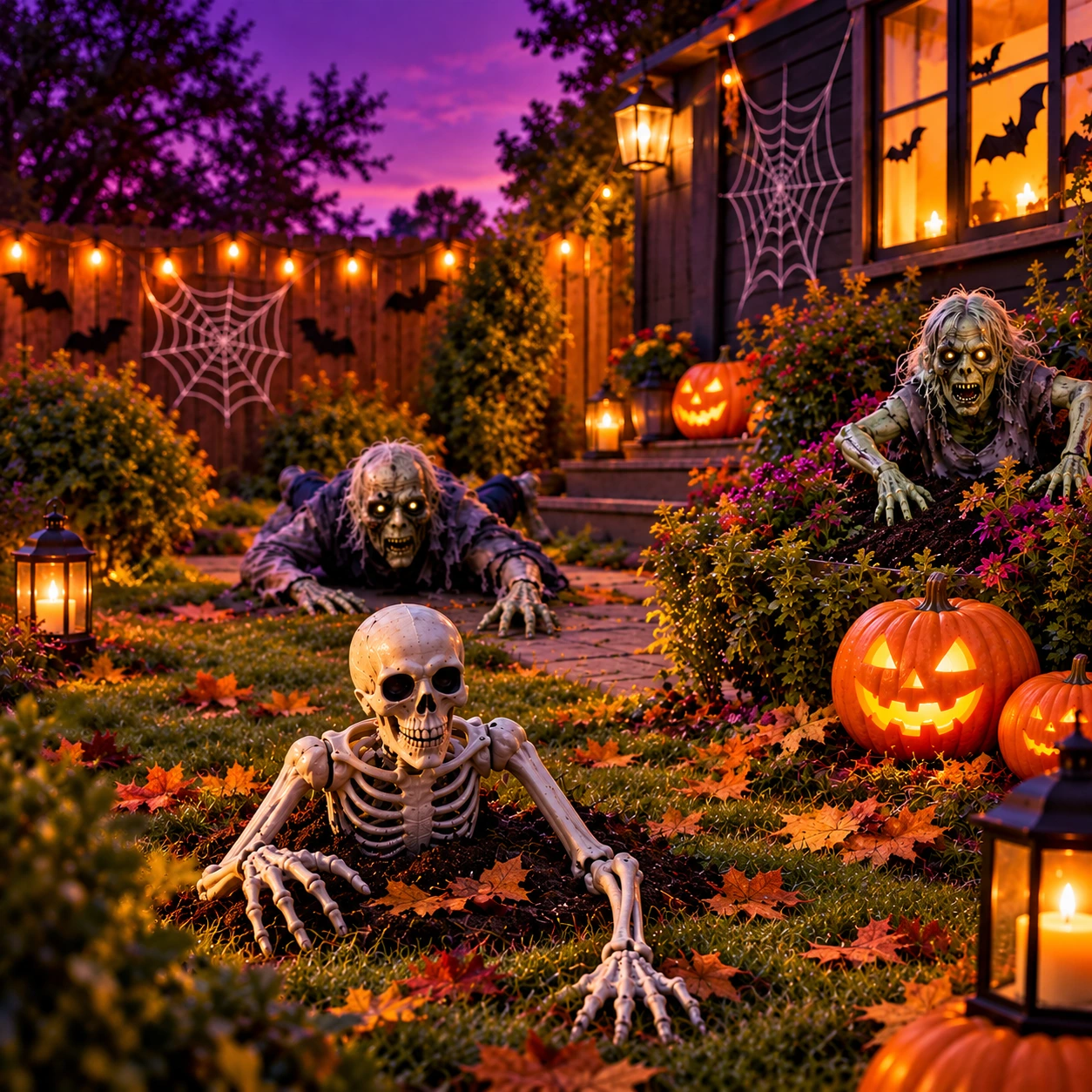 Halloween-Garten mit einem Skelett, Zombies und leuchtenden Kürbissen