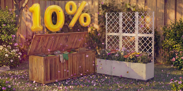  Garten-Aufbewahrungsbox mit Werkzeugen und ein Pflanzkübel mit Rankgitter und Blumen in einer Hinterhofszene, umgeben von rosa Konfetti und goldenen Ballons mit „10 % Rabatt“, der einen saisonalen Ausverkauf von Gartenaufbewahrung und Pflanzkübeln hervorhebt. 