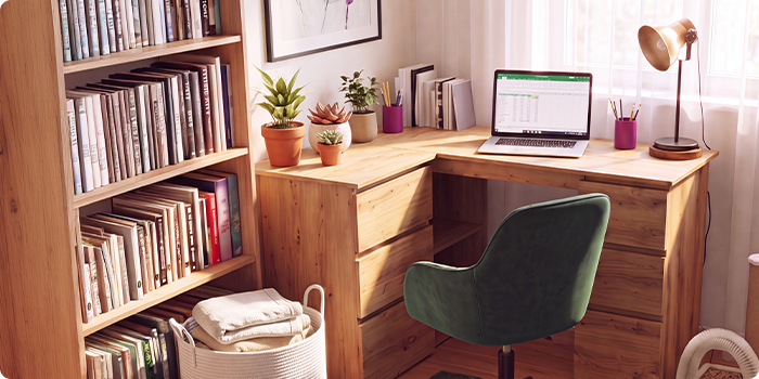 Homeoffice mit Eckschreibtisch aus Holz, ergonomischem grünem Bürostuhl, Laptop, Bücherregal, Schreibtischlampe und Zimmerpflanzen. So entsteht ein bequemer und produktiver Arbeitsplatz für zu Hause.