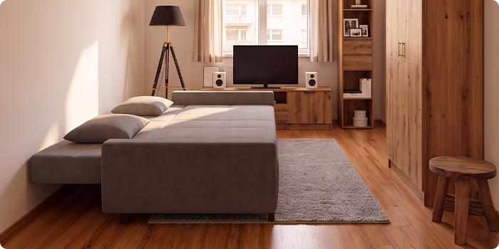 Graues Schlafsofa, dargestellt als Sofa und als vollständig ausgeklapptes Bett in einer modernen Wohnung.