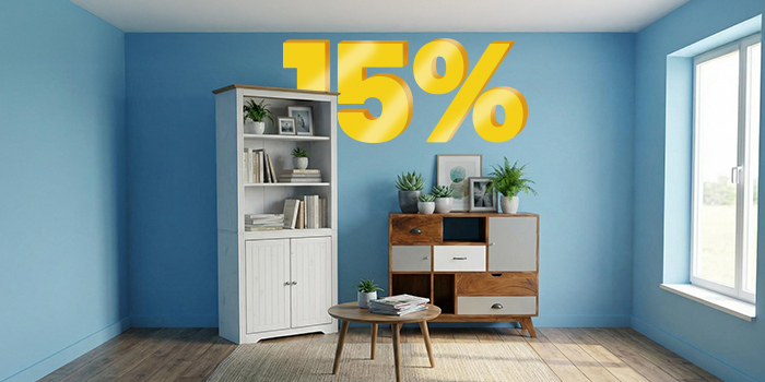Banner-Bild mit einem „15 %“-Rabatt in großen gelben 3D-Zahlen über einem modernen Raum mit einem weißen hohen Regal, einem Sideboard aus Holz und einem kleinen runden Couchtisch auf einem neutralen Teppich. Klicken Sie hier, um die Produkte der Kollektion zu sehen.