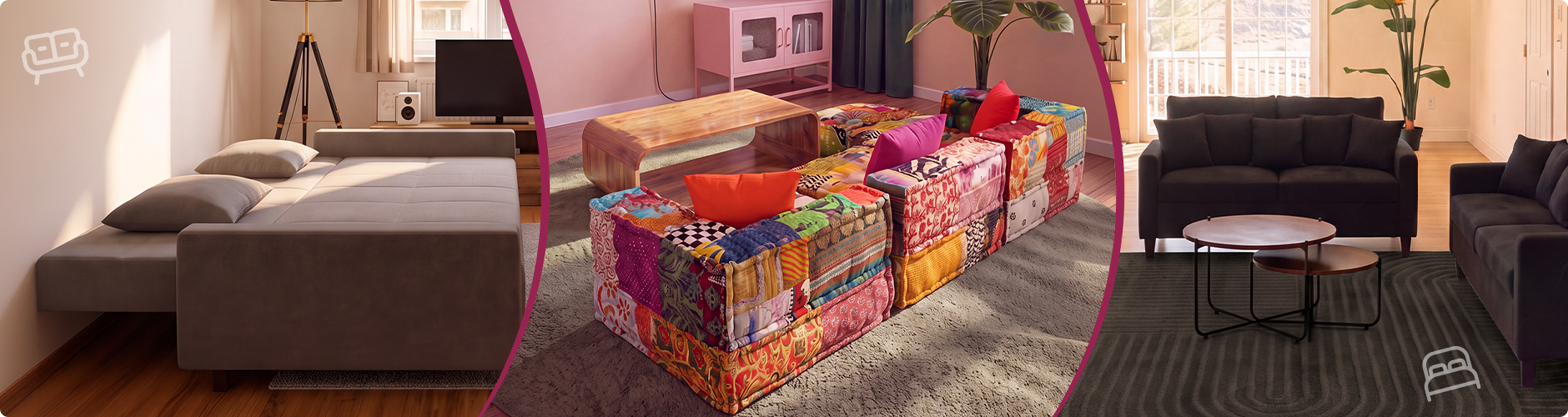 Collage mit drei Sofastilen: ein modernes Wohnzimmer mit dunklen Sofas, ein buntes Patchwork-Modulsofa rund um einen Couchtisch und ein graues, vollständig ausgeklapptes Schlafsofa. Klicke, um die Sofakollektion zu sehen.