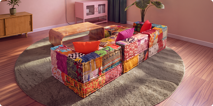 Buntes Patchwork-Modulsofa, arrangiert um einen Couchtisch aus Holz auf einem runden Teppich in einem modernen Wohnzimmer.
